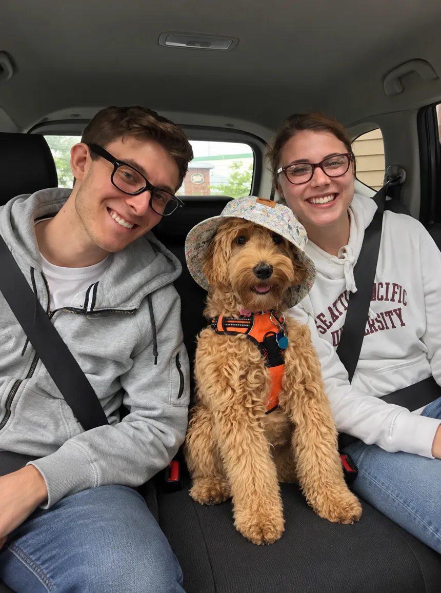 A young couple seated in a car with their gold Labradoodle wearing a bucket hat and an orange harness