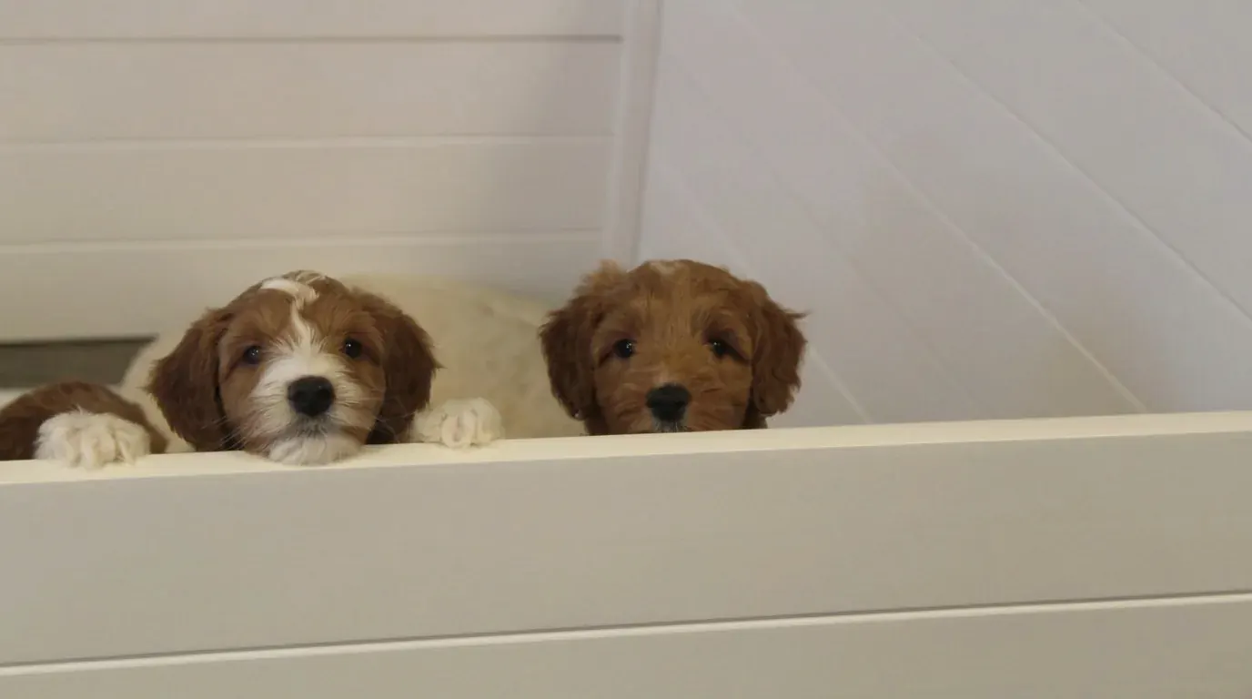 Two six-week-old Valley Vineyard Labradoodle puppies together