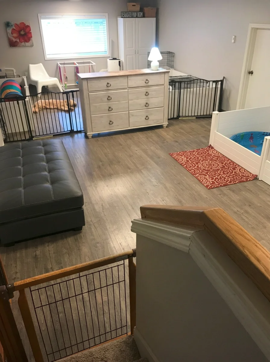 The puppy room at Valley Vineyard, with safety gates, playpens, and a puppy play gym